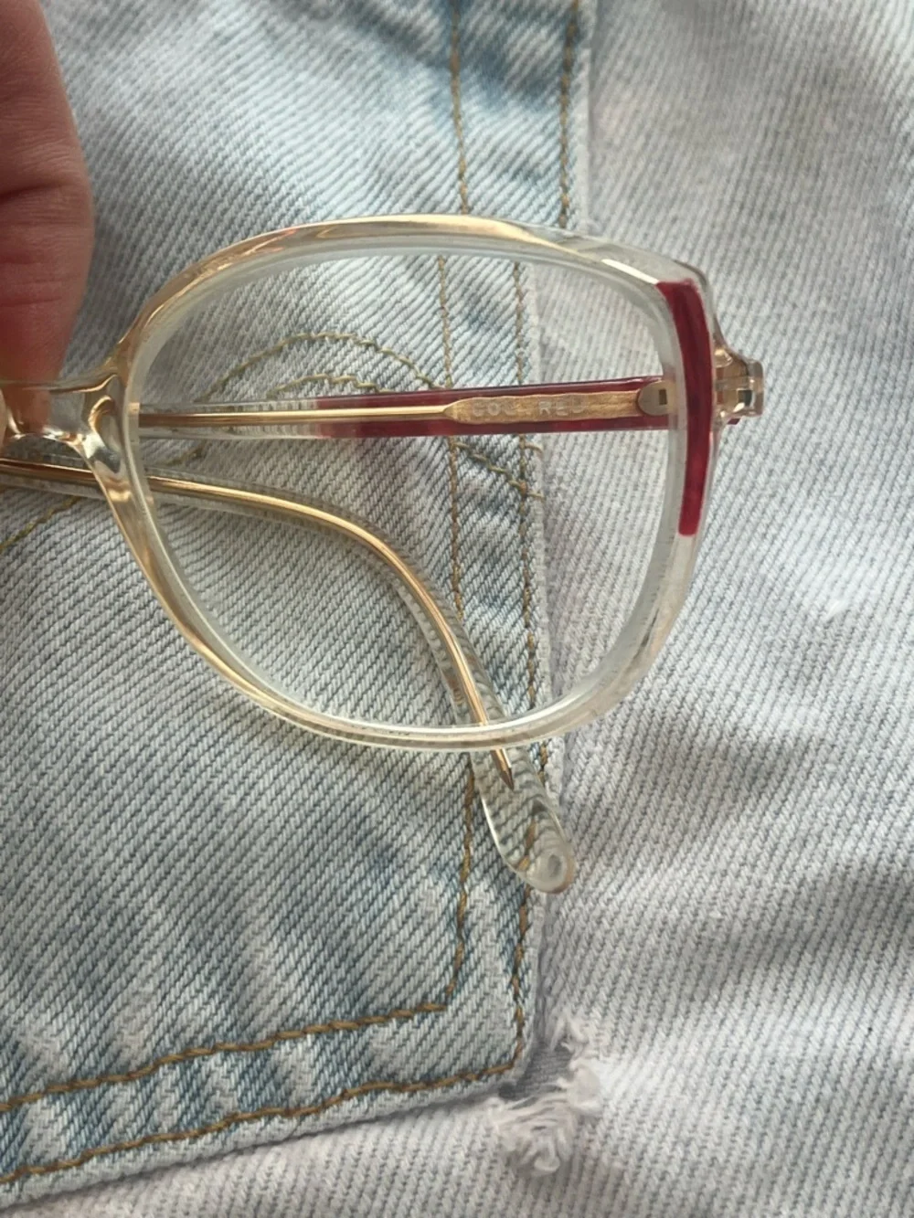 Vintage 80s big Clear & Gold Eyeglasses with Red Accents